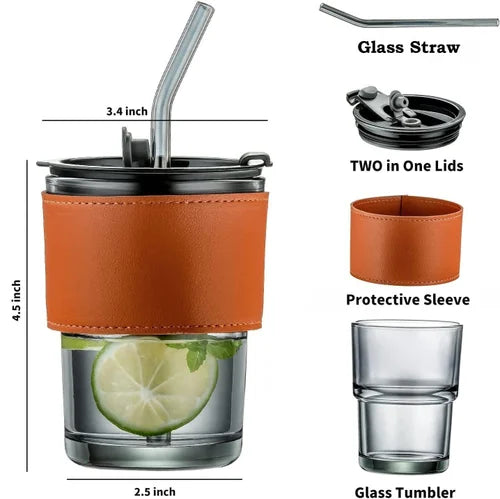 Glass Tumbler with Lid, Sipper, Glass Coffee Mug - without Straw