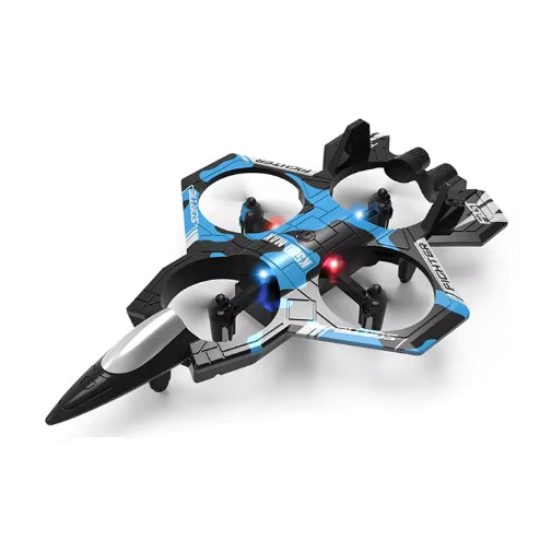 Plastic 2-in-1 RC Jet Fighter & Mini Quadcopter Drone - 2.4GHz, LED Lights, 360-degree Flip, Blue, Ages 14+ under