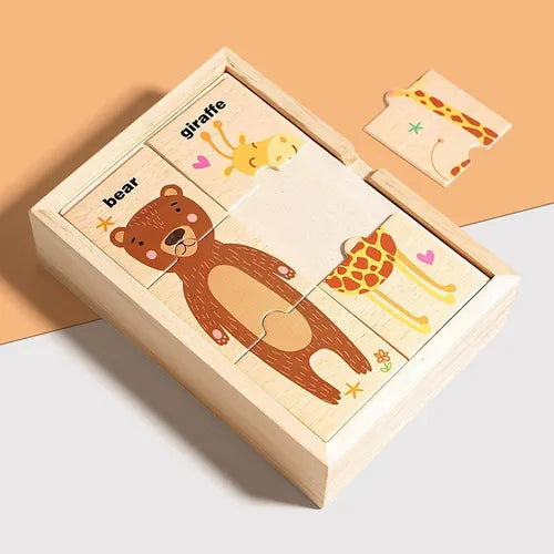 High Quality Wooden Animal Puzzle with wooden storage box