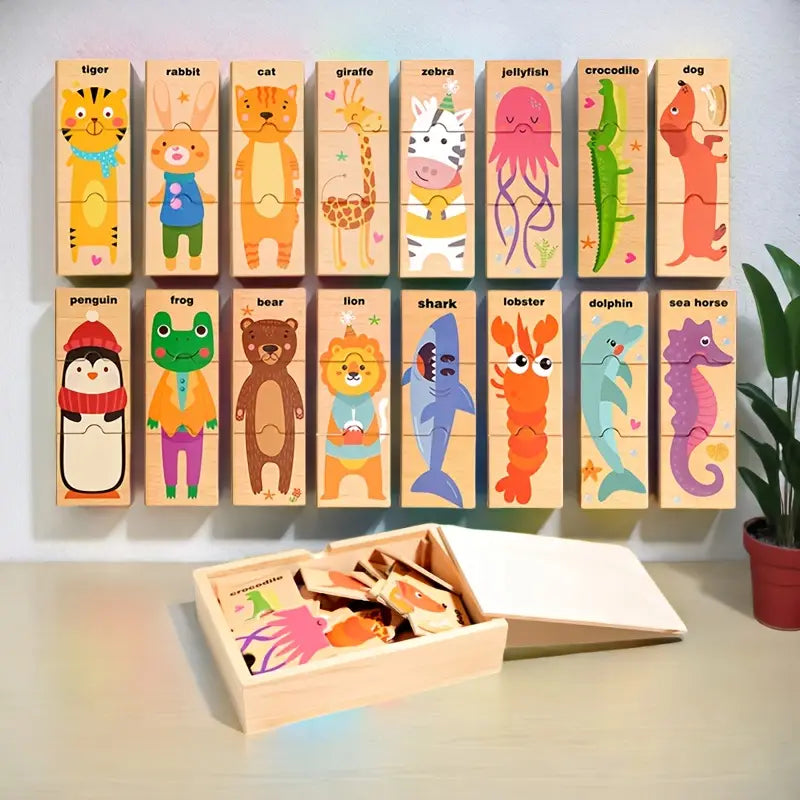 High Quality Wooden Animal Puzzle with wooden storage box