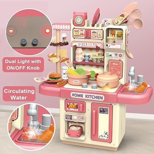 Home Kitchen Set Interactive Cooking Pretend Play Set for Kids-Realistic Water Sink and steam -Random Color