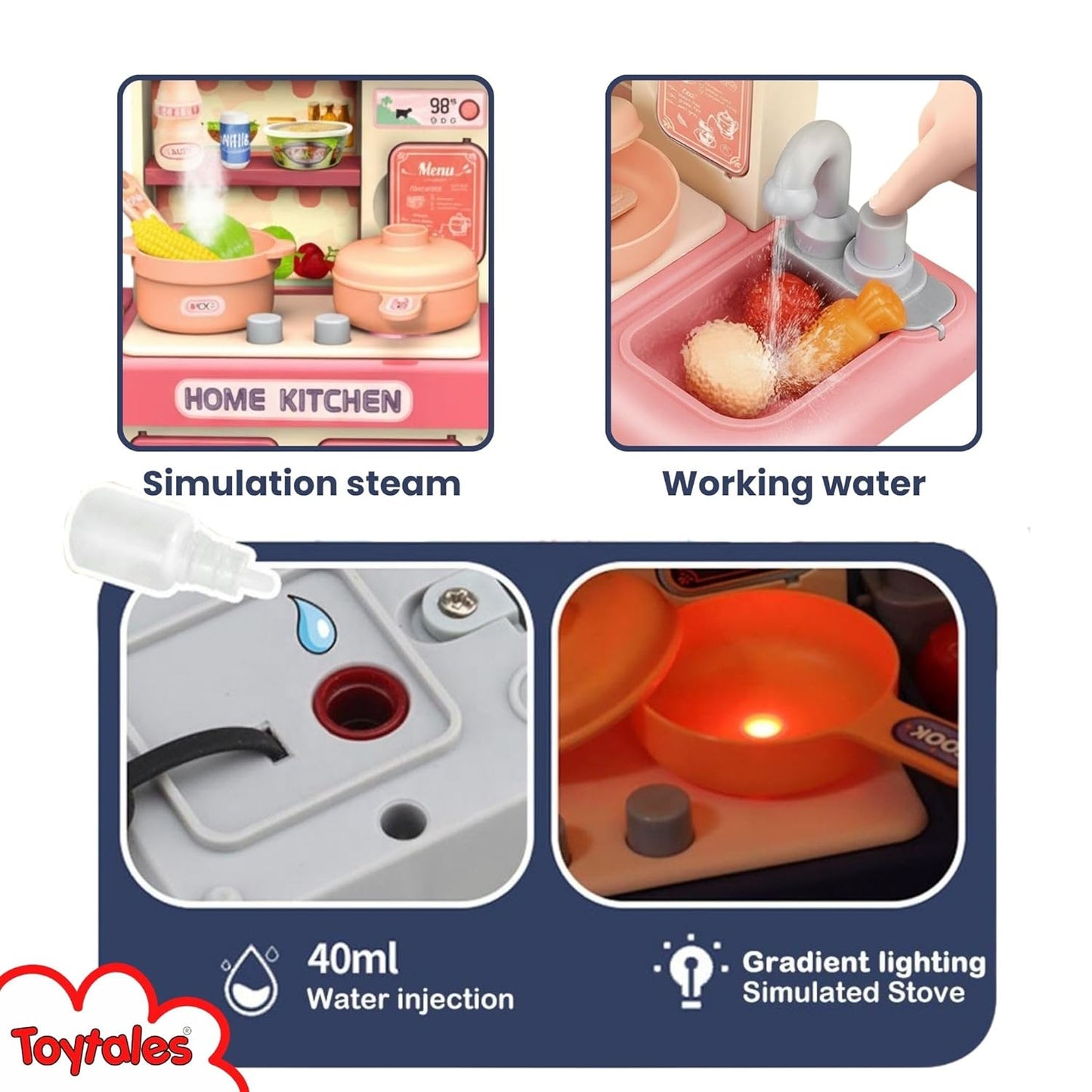 Home Kitchen Set Interactive Cooking Pretend Play Set for Kids-Realistic Water Sink and steam -Random Color