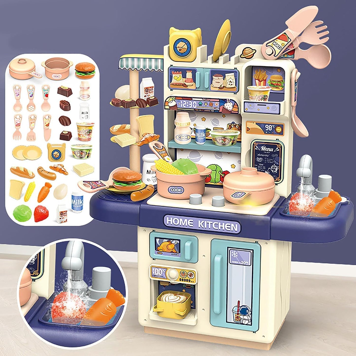 Home Kitchen Set Interactive Cooking Pretend Play Set for Kids-Realistic Water Sink and steam -Random Color