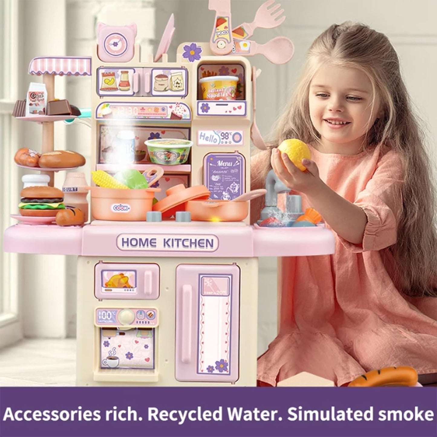 Home Kitchen Set Interactive Cooking Pretend Play Set for Kids-Realistic Water Sink and steam -Random Color