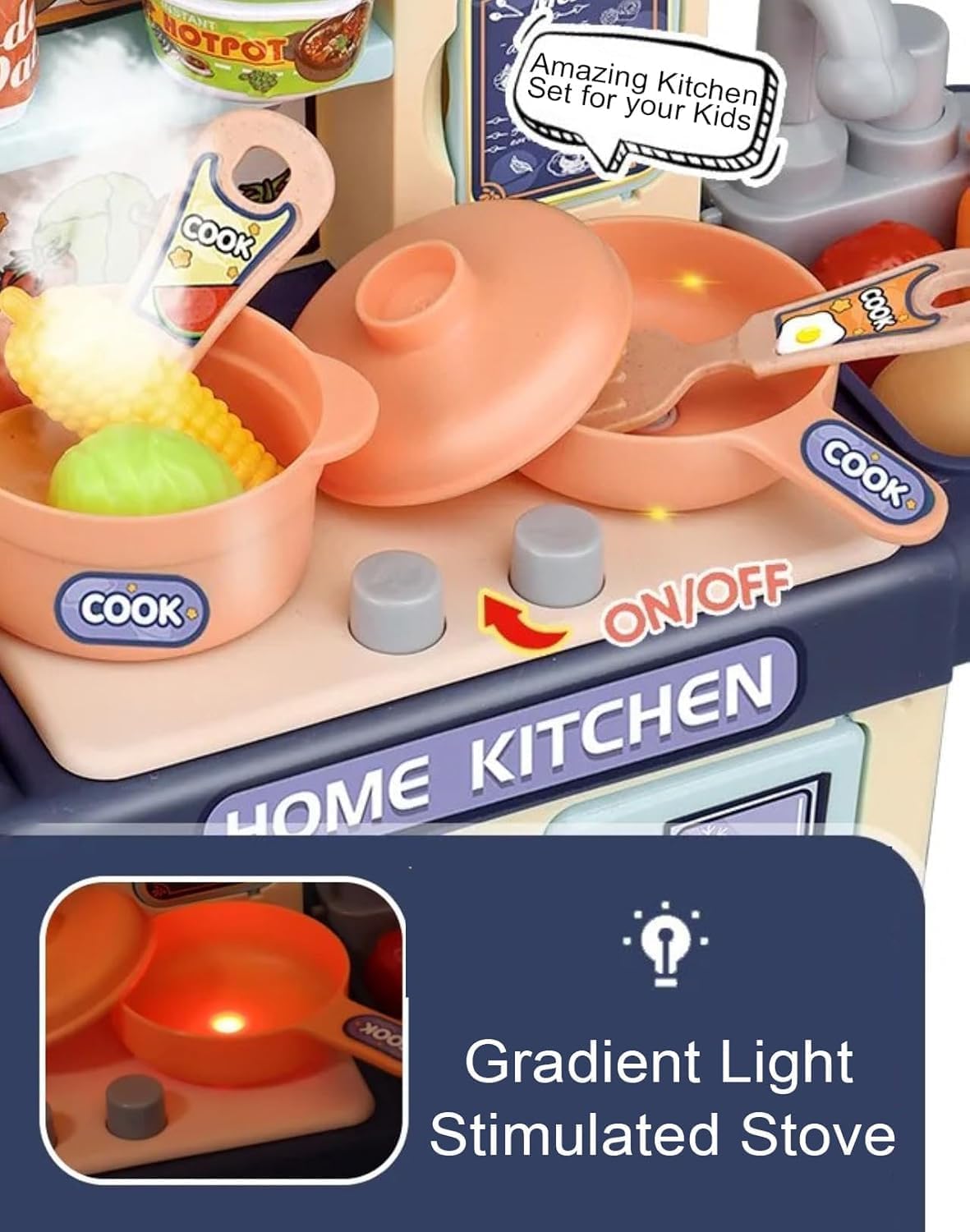 Home Kitchen Set Interactive Cooking Pretend Play Set for Kids-Realistic Water Sink and steam -Random Color