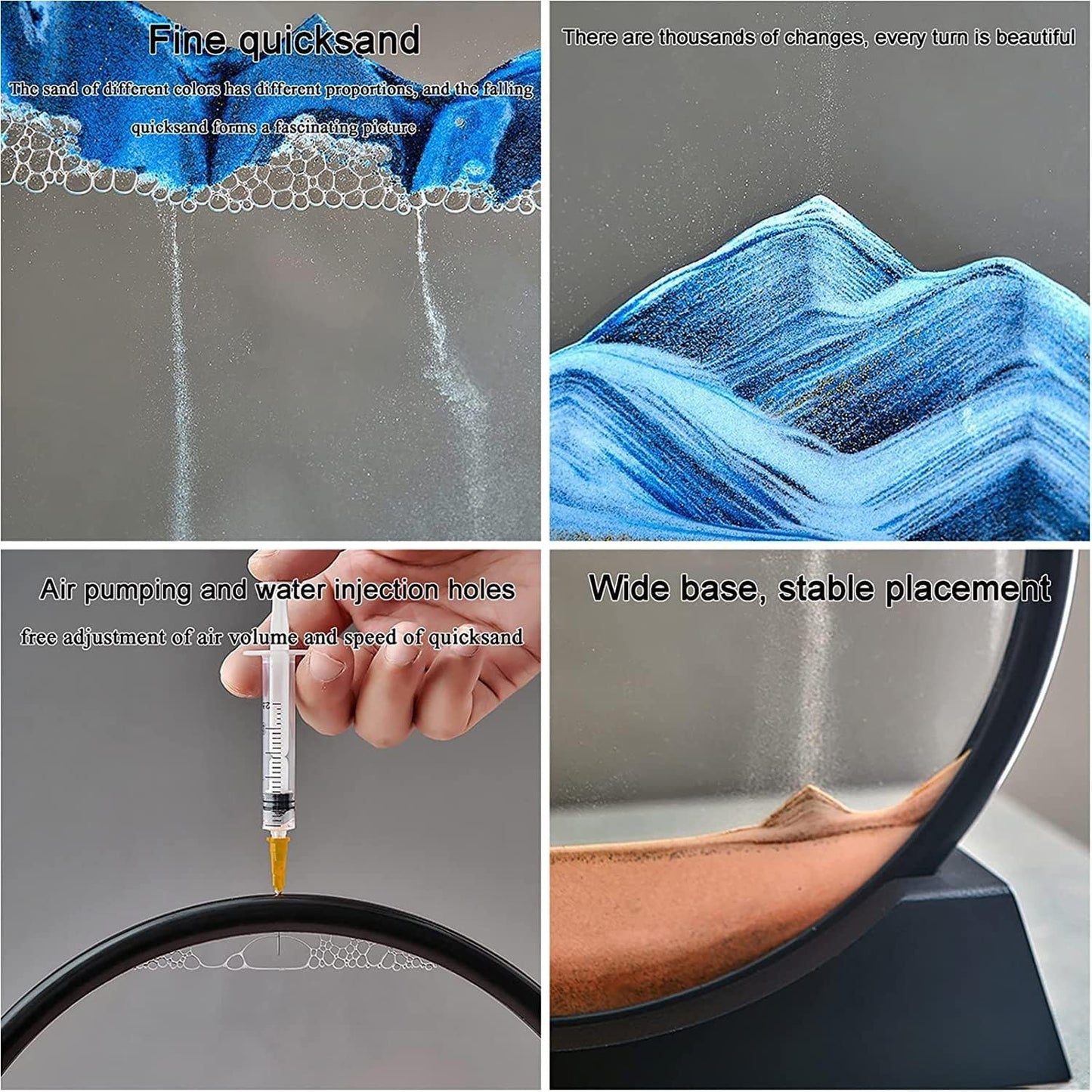 Hourglass Art 3D Natural Landscape Mobile Sand Painting Deep Sea Sandscape Liquid Motion, Round Glass Frame Display Flowing Sand Relaxing Gift- Any 1 Color