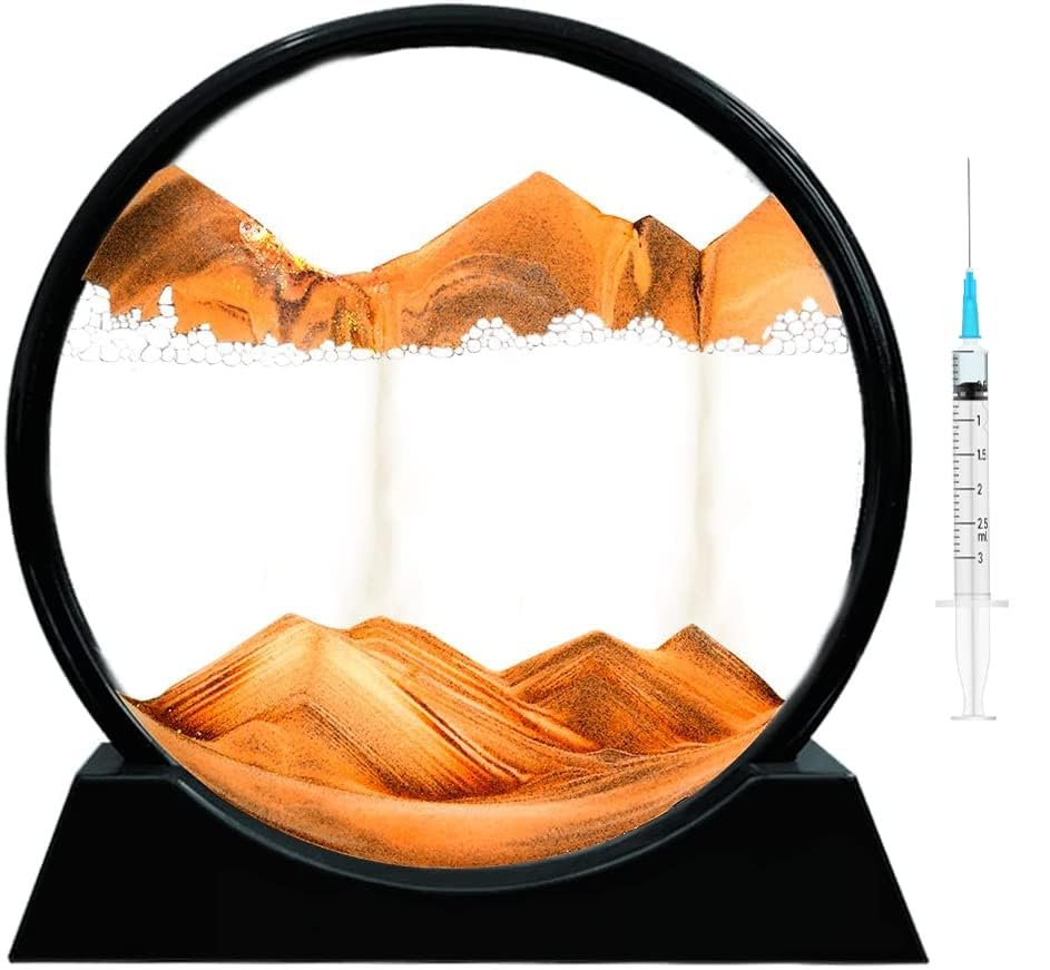 Hourglass Art 3D Natural Landscape Mobile Sand Painting Deep Sea Sandscape Liquid Motion, Round Glass Frame Display Flowing Sand Relaxing Gift- Any 1 Color