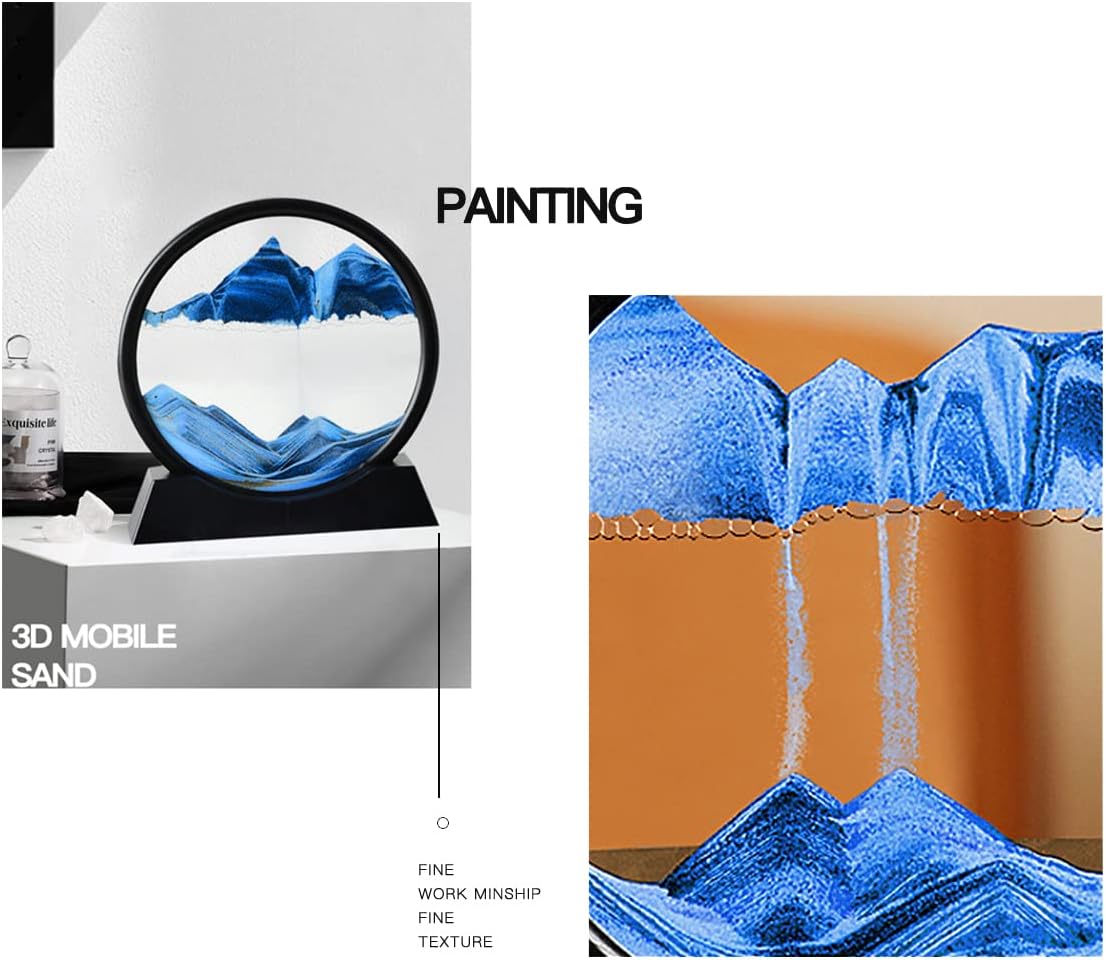 Hourglass Art 3D Natural Landscape Mobile Sand Painting Deep Sea Sandscape Liquid Motion, Round Glass Frame Display Flowing Sand Relaxing Gift- Any 1 Color