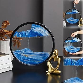 Hourglass Art 3D Natural Landscape Mobile Sand Painting Deep Sea Sandscape Liquid Motion, Round Glass Frame Display Flowing Sand Relaxing Gift- Any 1 Color