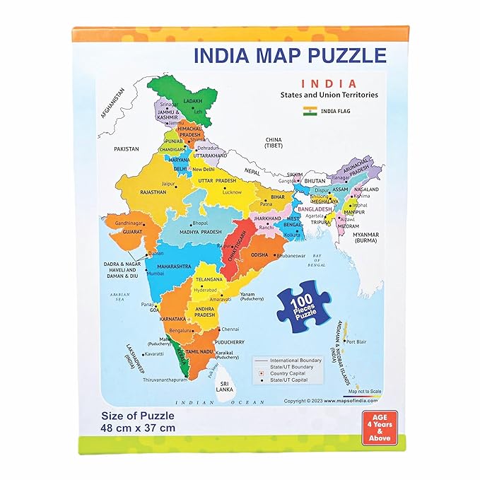 India Map Puzzle, 48 cm x 37 cm, 100 Pieces, Educational Toy Jigsaw Puzzle