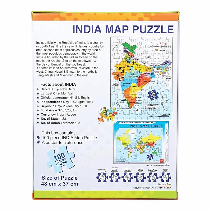 India Map Puzzle, 48 cm x 37 cm, 100 Pieces, Educational Toy Jigsaw Puzzle