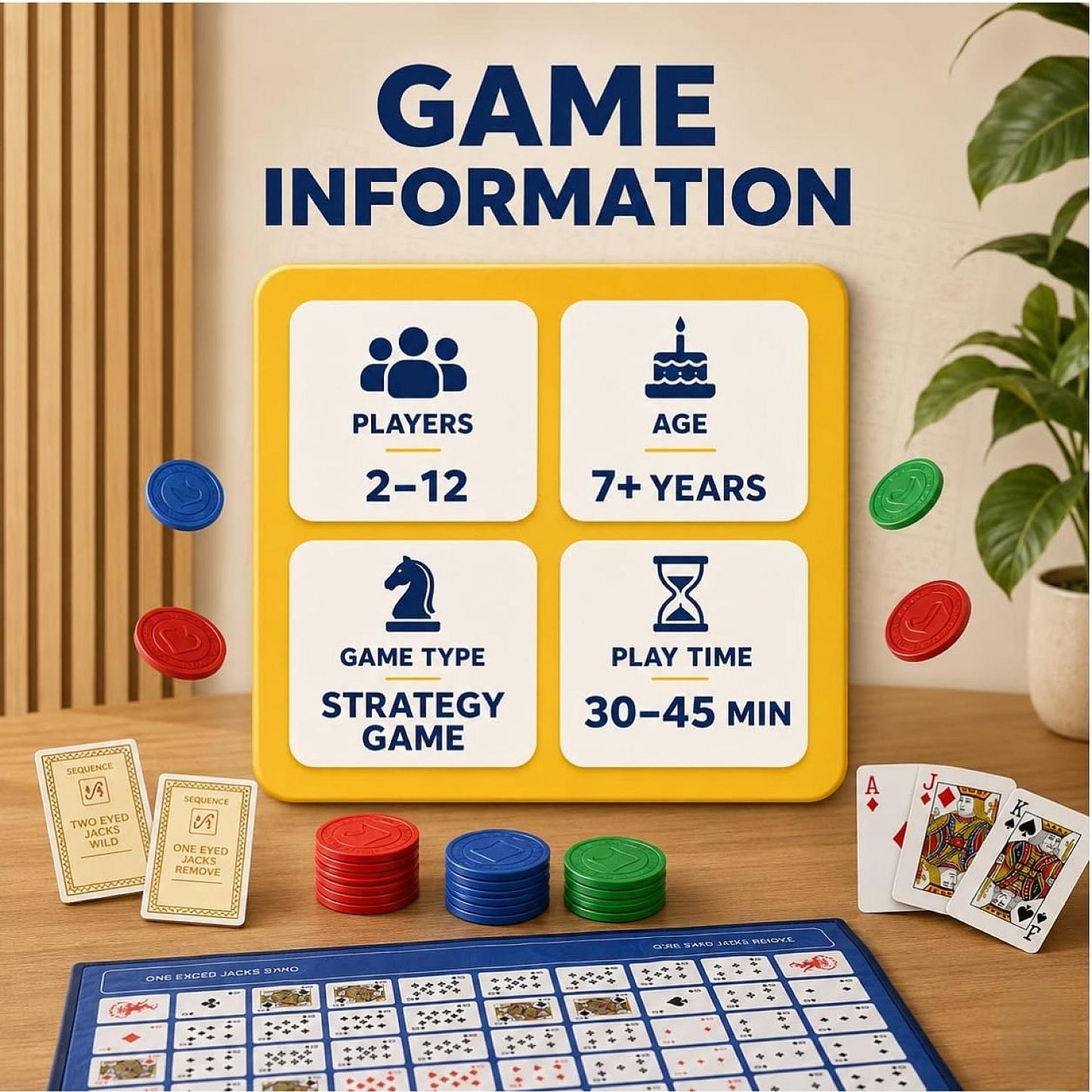 Jumbo Sequence Game With Playing Mat, Chips & Cards - Classic Family Party Game