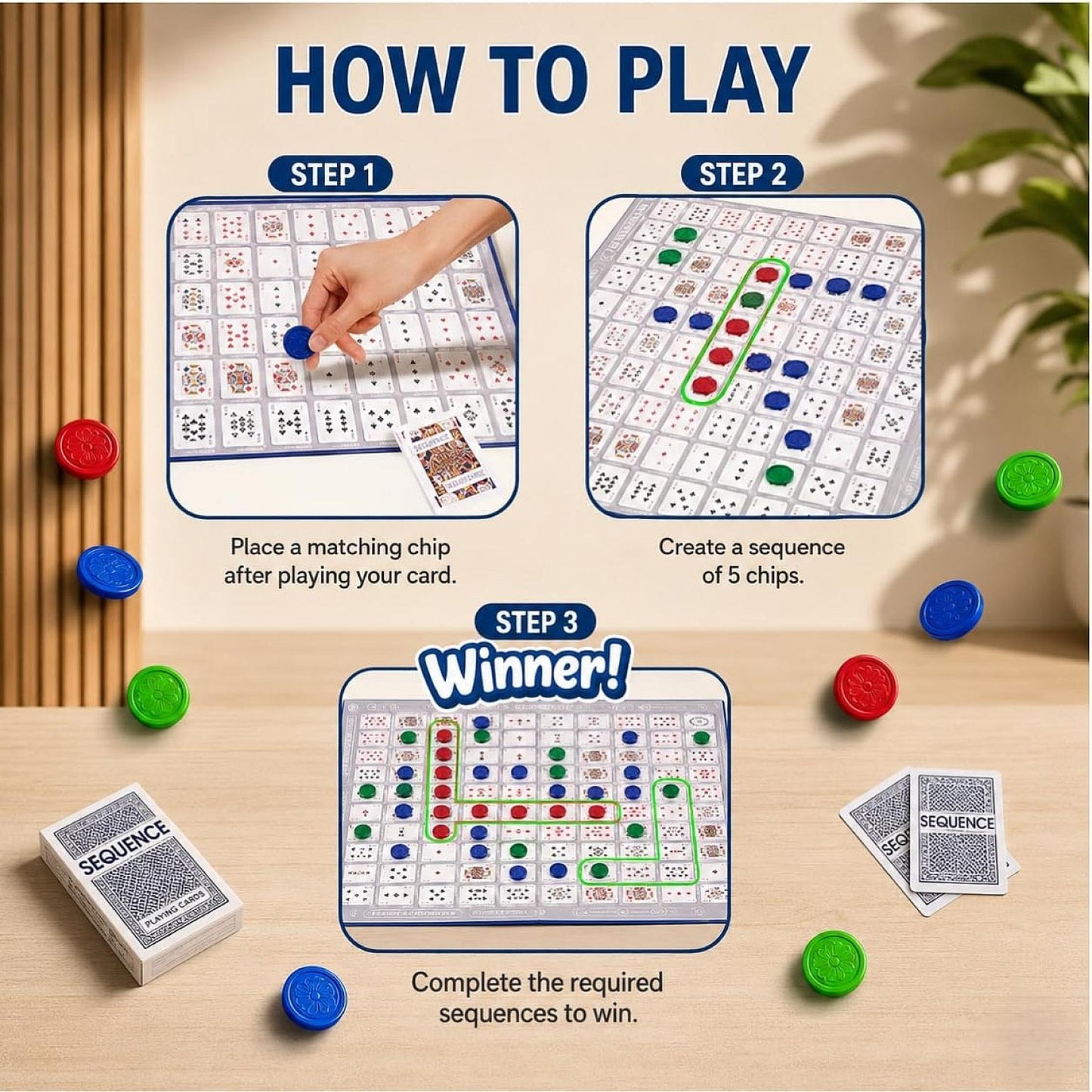 Jumbo Sequence Game With Playing Mat, Chips & Cards - Classic Family Party Game