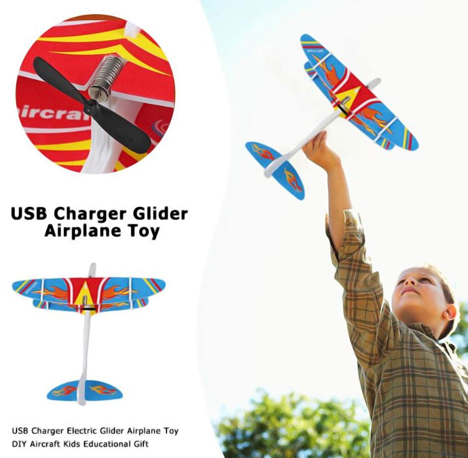 Kid's Hand Throw Power Motor Glider Flying Plane Foam Airplane Toy USB Charging, LED Light - Lightweight