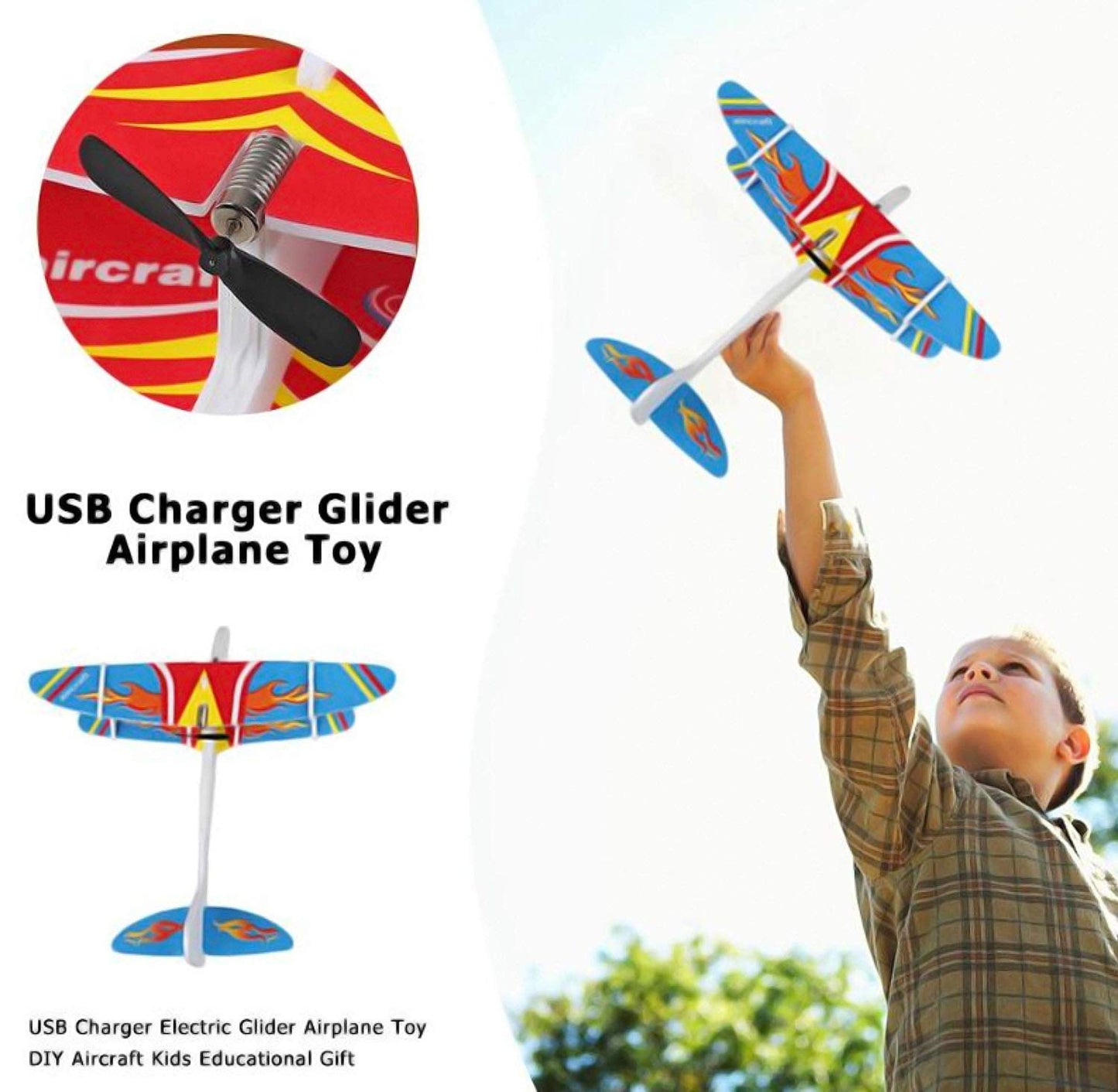 Kid's Hand Throw Power Motor Glider Flying Plane Foam Airplane Toy USB Charging, LED Light - Lightweight