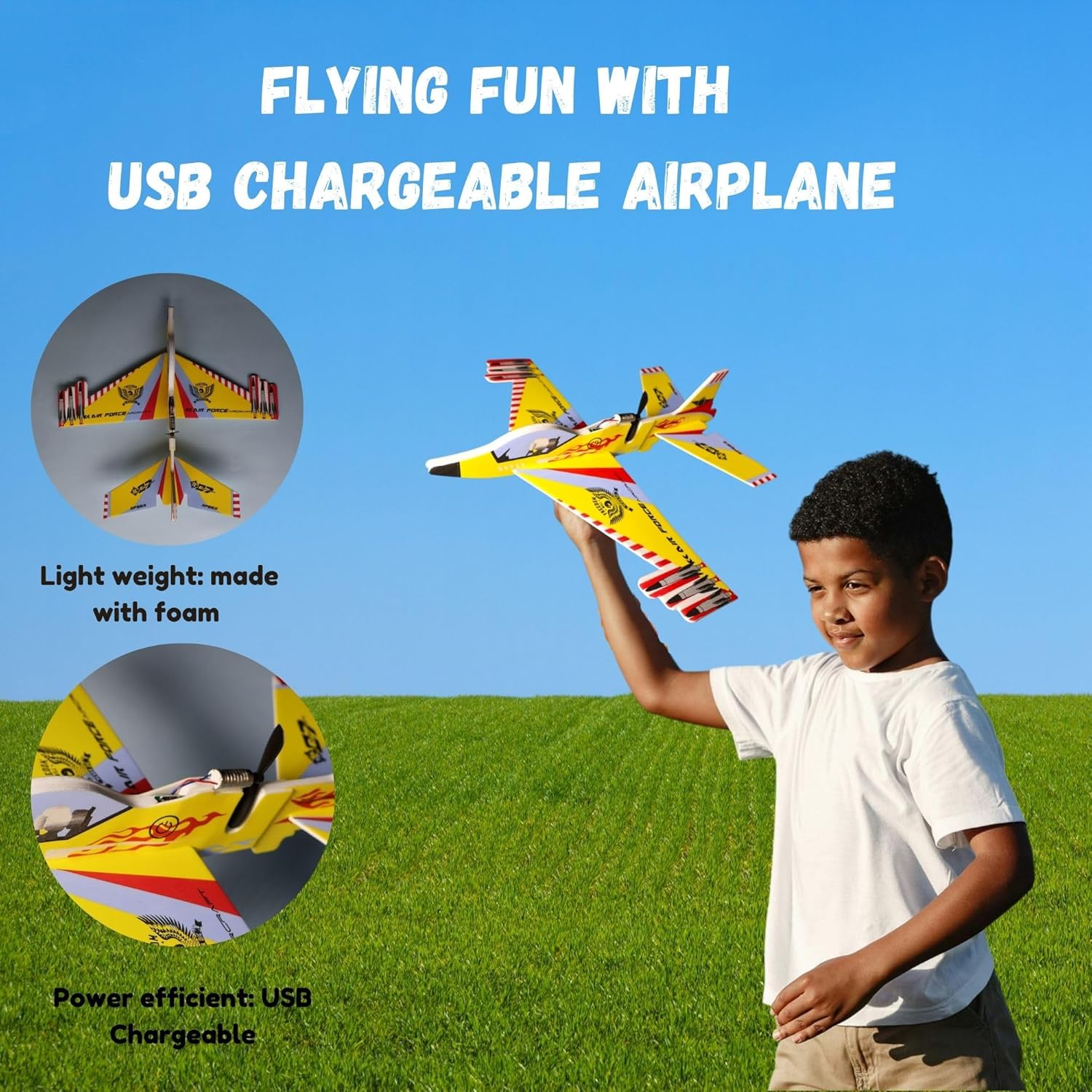 Kid's Hand Throw Power Motor Glider Flying Plane Foam Airplane Toy USB Charging, LED Light - Lightweight