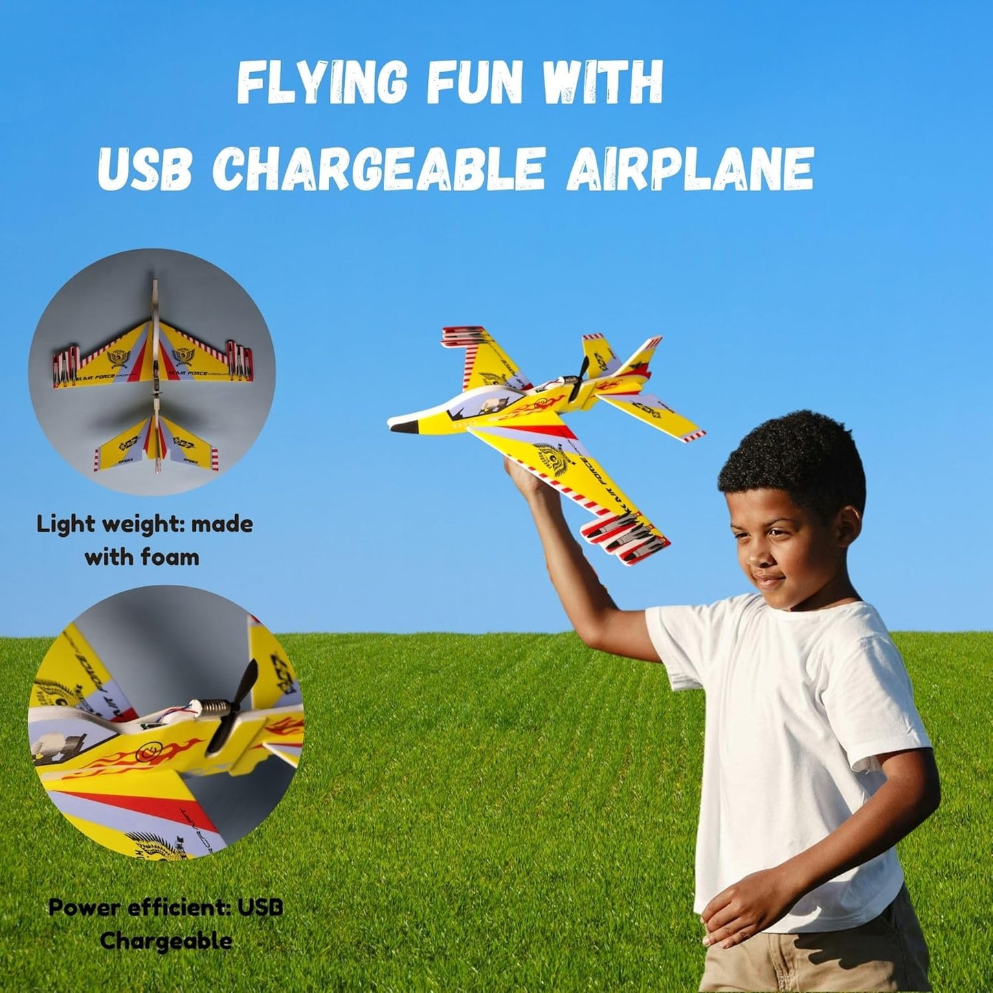 Kid's Hand Throw Power Motor Glider Flying Plane Foam Airplane Toy USB Charging, LED Light - Lightweight