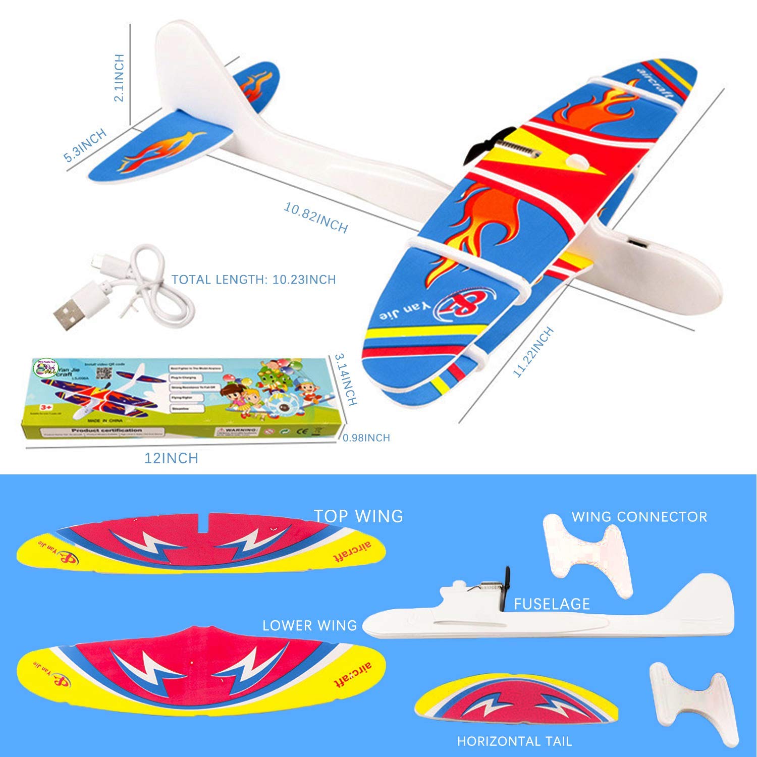 Kid's Hand Throw Power Motor Glider Flying Plane Foam Airplane Toy USB Charging, LED Light - Lightweight