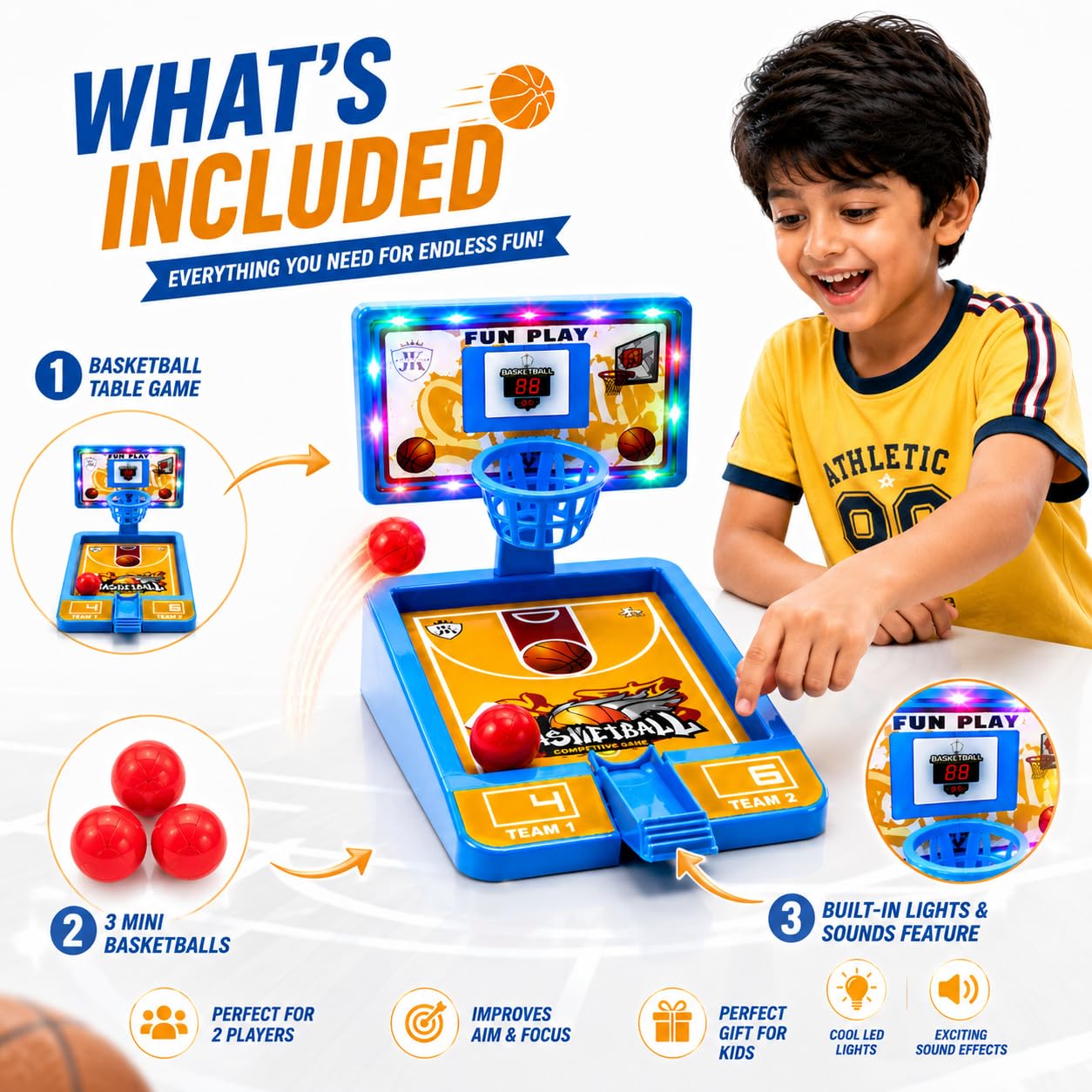Kids Basketball Set with Adjustable Stand & Table Board Game -Multicolor