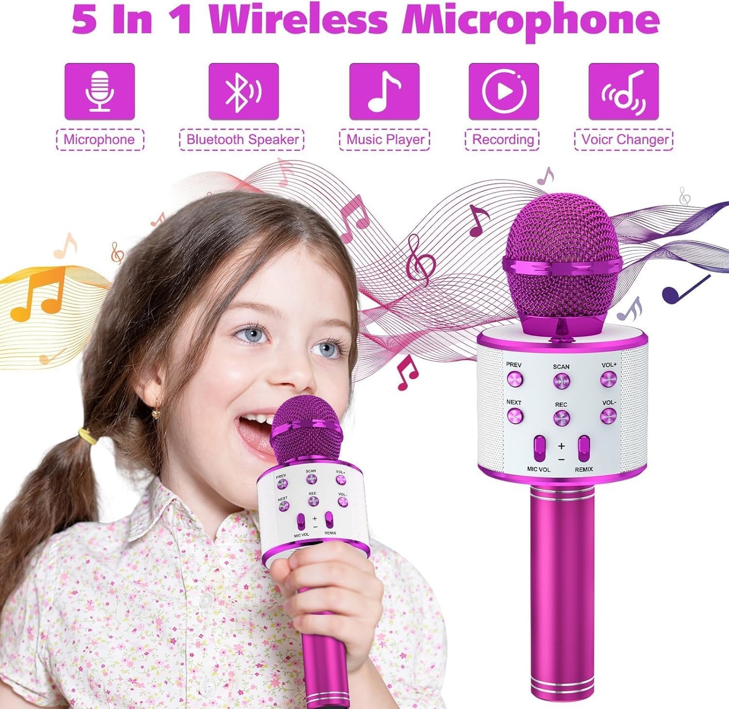 Kids Karaoke Microphone with Speaker | Wireless Bluetooth Mic for Singing | Rechargeable- Any 1