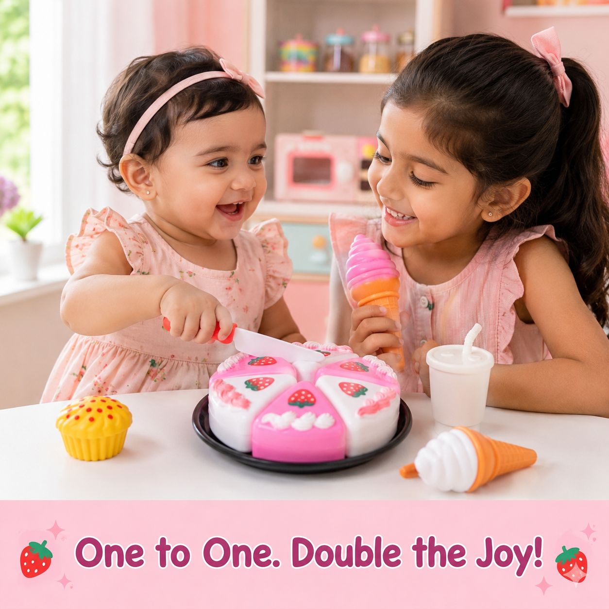 Kids Pretend Play Strawberry Cake & Sweet Treats Toy Set (with Ice Cream & Accessories)