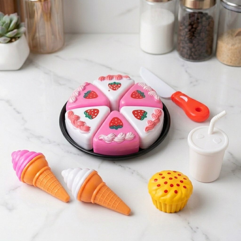 Kids Pretend Play Strawberry Cake & Sweet Treats Toy Set (with Ice Cream & Accessories)
