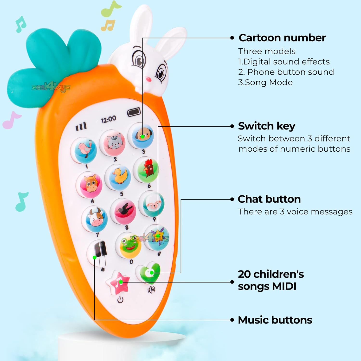 Kids Smart Mobile Phone Toy with Rabbit Design: Cordless, Musical Sounds, Smart Lights - Battery Operated, Ideal Birthday Gift for Boys and Girls (1 Pack