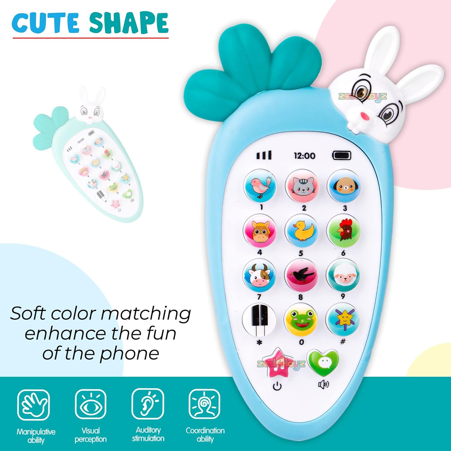 Kids Smart Mobile Phone Toy with Rabbit Design: Cordless, Musical Sounds, Smart Lights - Battery Operated, Ideal Birthday Gift for Boys and Girls (1 Pack