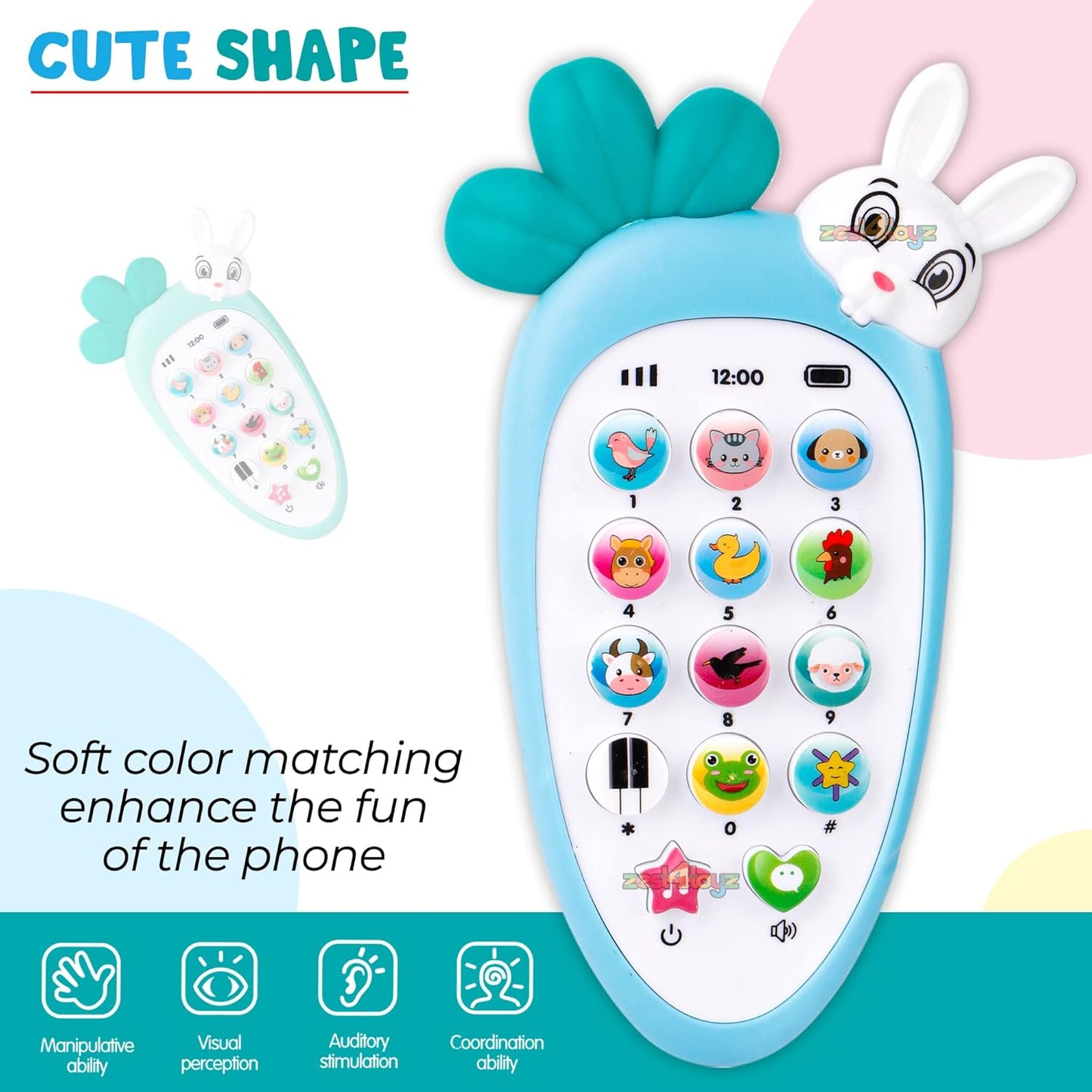 Kids Smart Mobile Phone Toy with Rabbit Design: Cordless, Musical Sounds, Smart Lights - Battery Operated, Ideal Birthday Gift for Boys and Girls (1 Pack