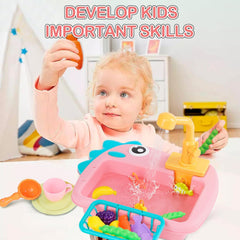 Kitchen Sink Toy with Running Water | 2-in-1 Pretend Play Kitchen Set Accessories for Kids Age 3+ | Electric Water Circulation