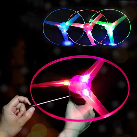 LED Flashing Pull String Flying Saucer Propeller Toy Disc Helicopter -Multicolor
