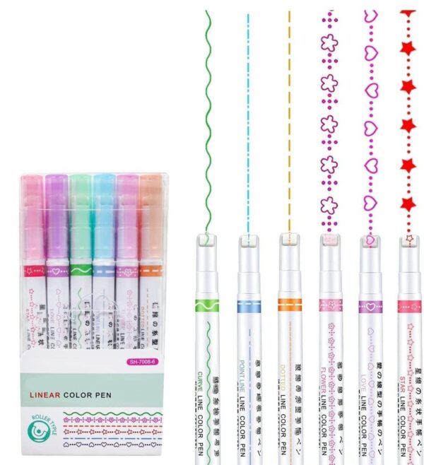 Linear Roller Highlighter Pens Set Ideal for Coloring &amp; Sketching Kids - pack of 6
