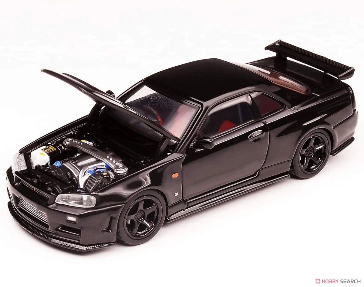 Black die-cast model of a Nissan Skyline GT-R R34 1:32 Scale Openable Doors & Light, Music Toy