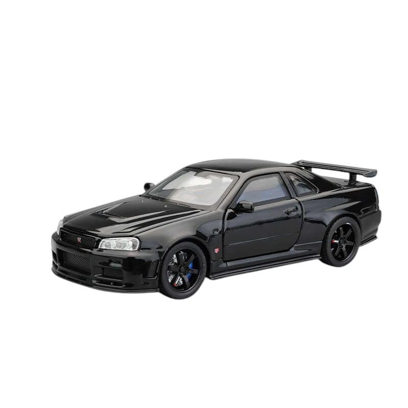 Black die-cast model of a Nissan Skyline GT-R R34 1:32 Scale Openable Doors & Light, Music Toy