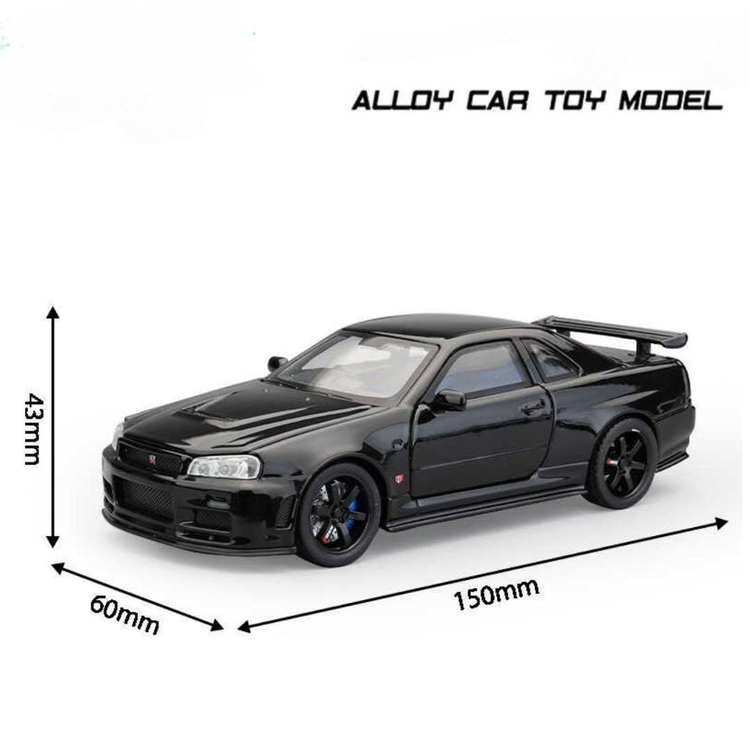 Black die-cast model of a Nissan Skyline GT-R R34 1:32 Scale Openable Doors & Light, Music Toy
