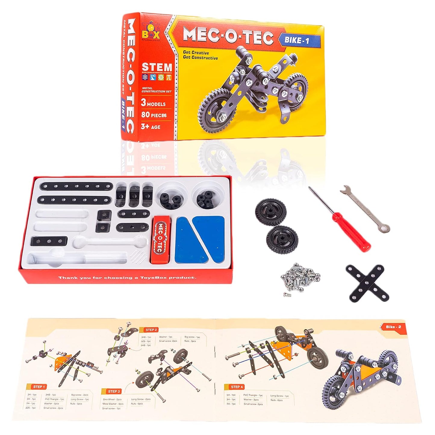MEC-O-Tec Bike 1 Metal Construction Toy 3 Models 80 Pieces