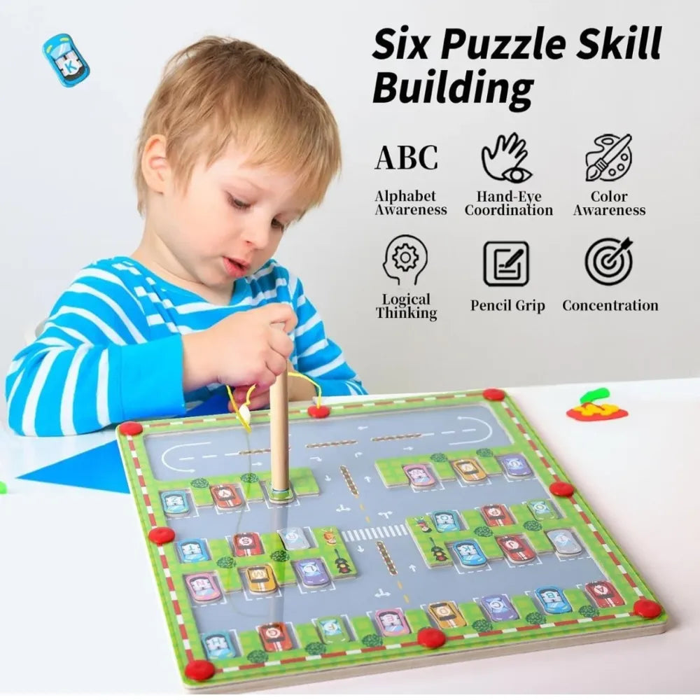 Magnetic Alphabet Maze - Montessori Car Parking Board Letters Matching