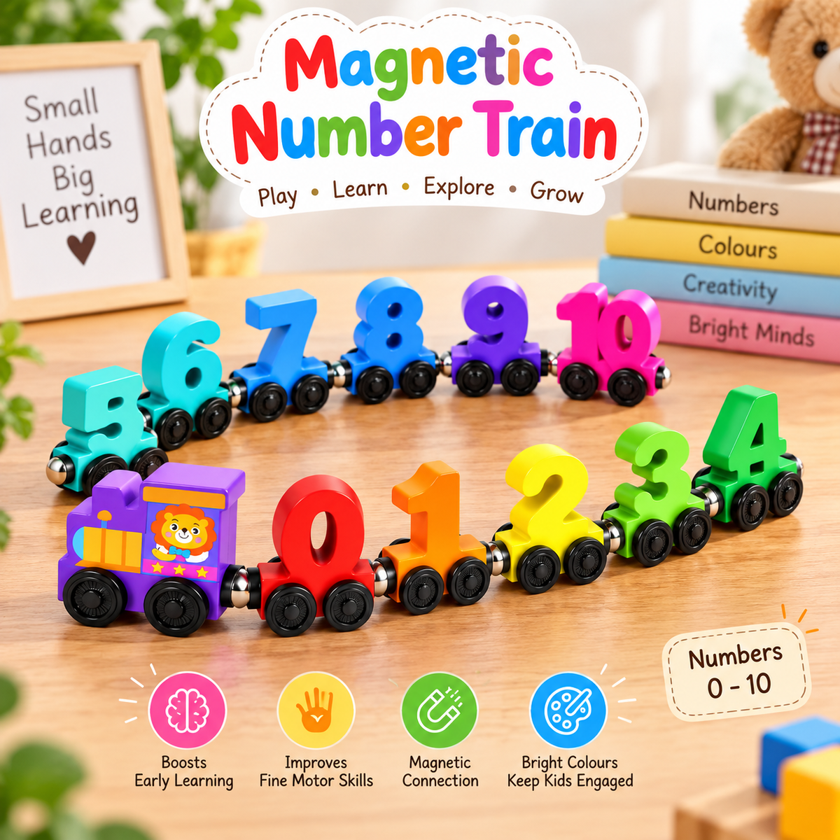 Magnetic Number Wooden Magnet Number Train Set 0-10 Digits Learning Blocks, 62 cm Length, Multicoloured