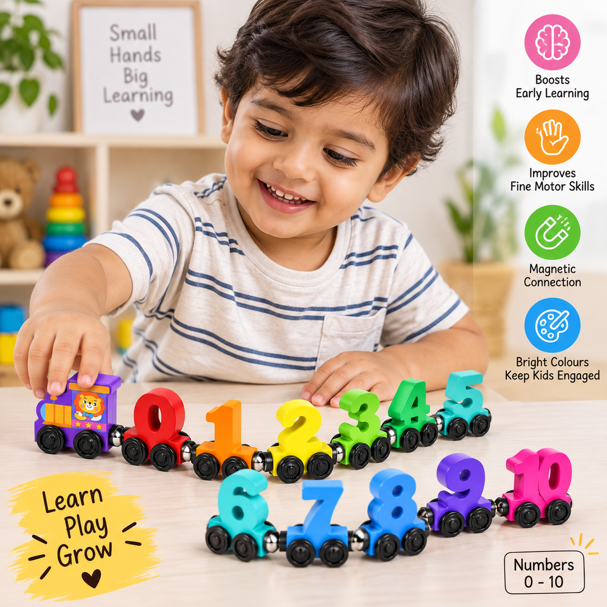 Magnetic Number Wooden Magnet Number Train Set 0-10 Digits Learning Blocks, 62 cm Length, Multicoloured