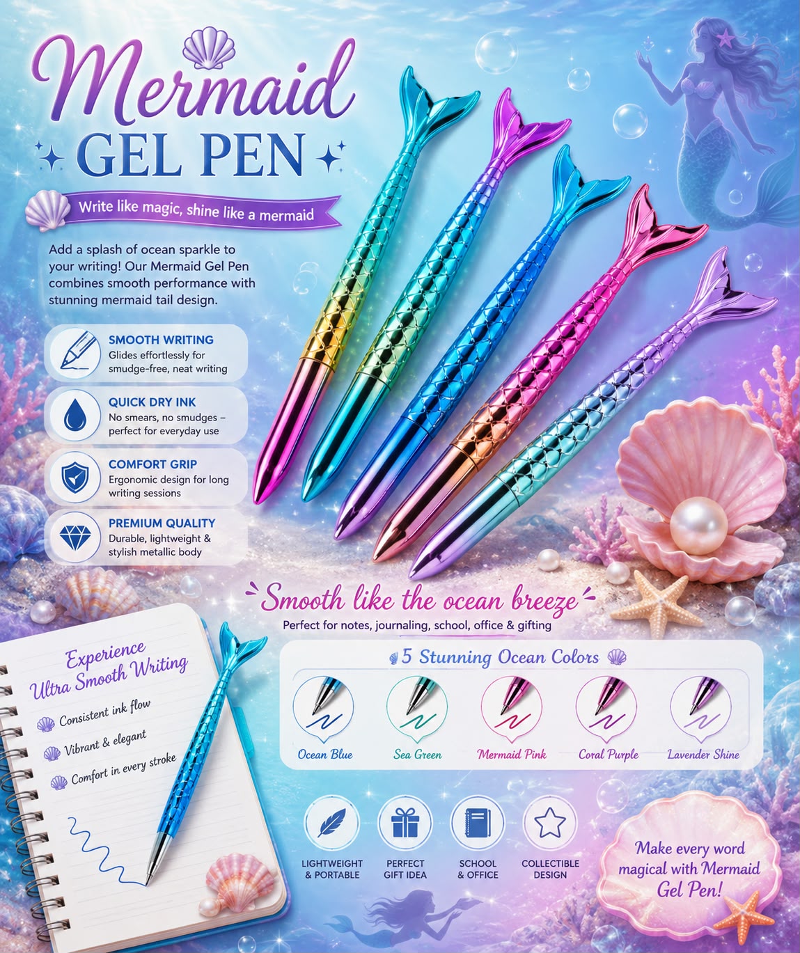 Mermaid Fish Tail Shape Gel Pen - Blue, 0.5mm, Refillable -1 Piece