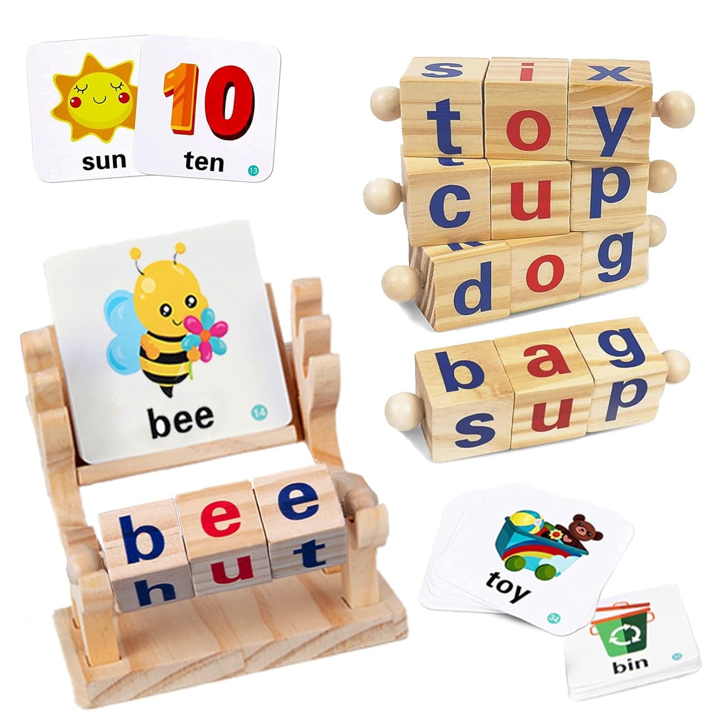 Merpin Wooden Spinning Spelling Game - Reading Blocks with Flash Cards- Word Cognitive Pairing
