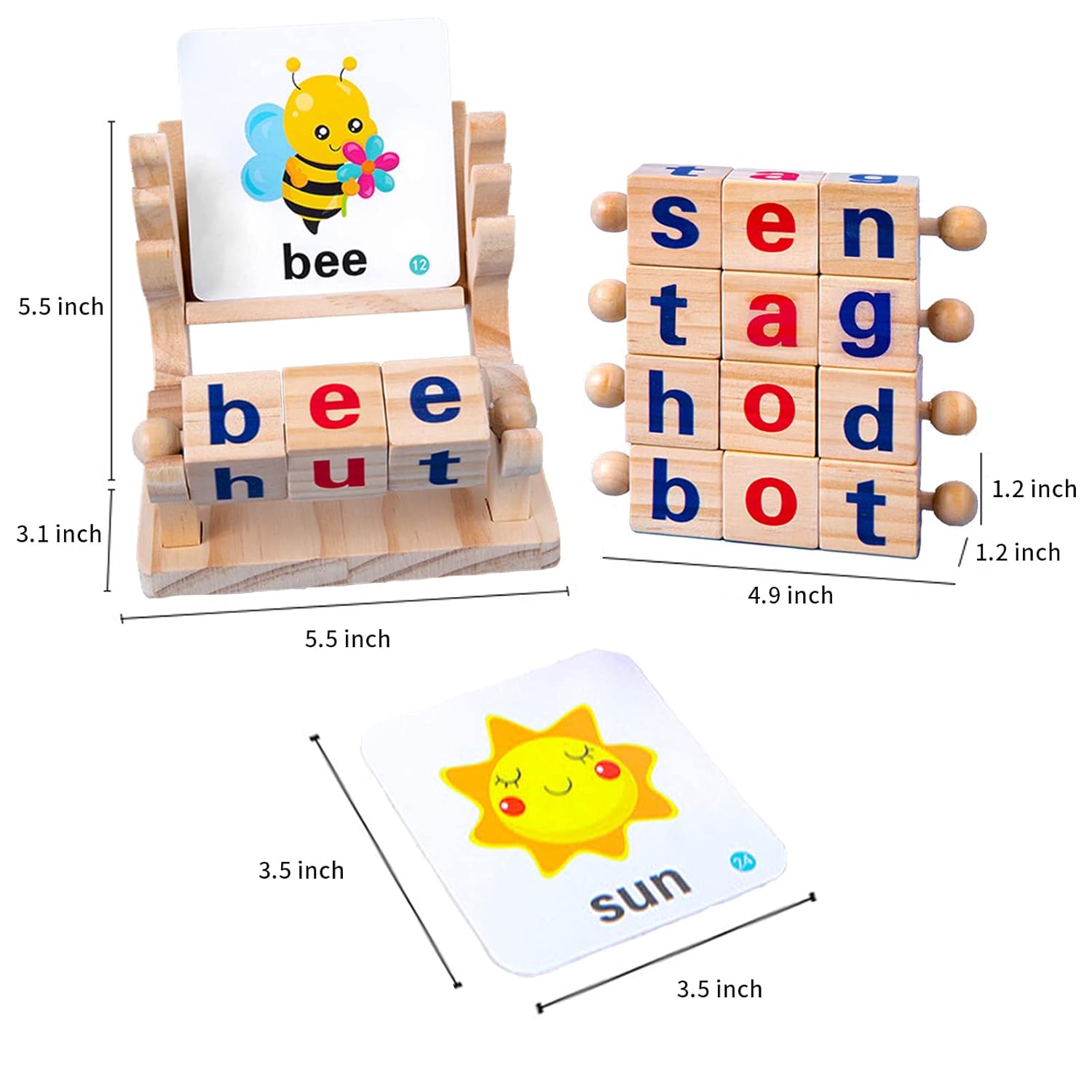 Merpin Wooden Spinning Spelling Game - reading blocks with flash cards