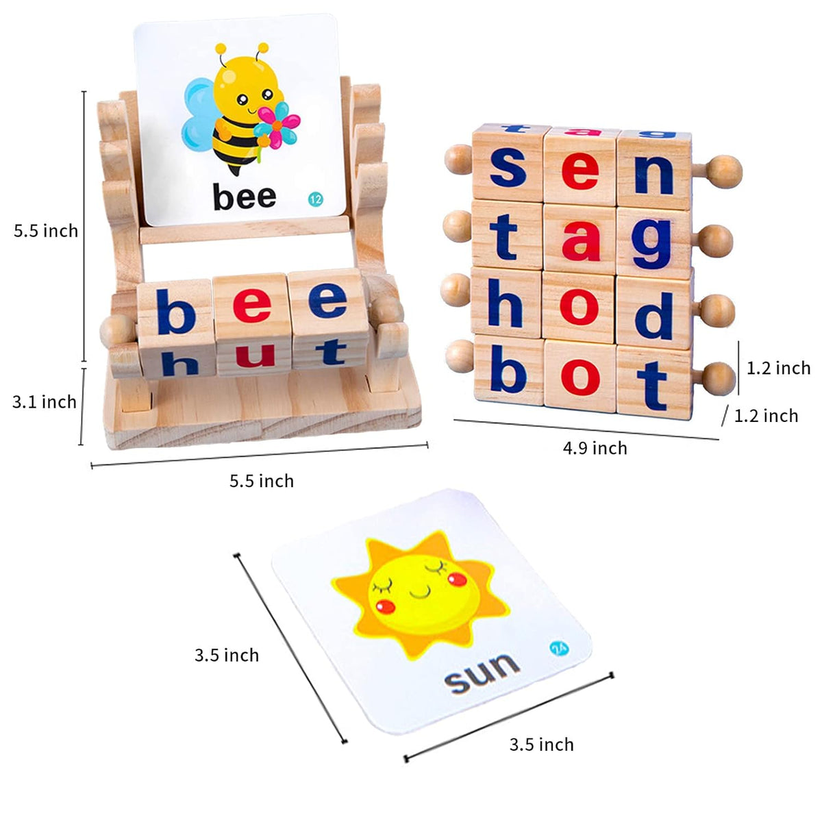 Merpin Wooden Spinning Spelling Game - Reading Blocks with Flash Cards- Word Cognitive Pairing