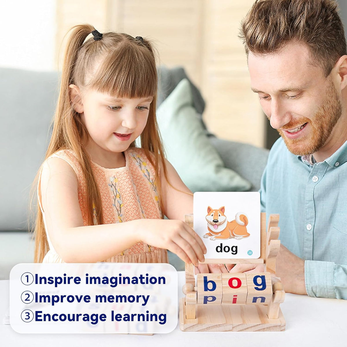 Merpin Wooden Spinning Spelling Game - Reading Blocks with Flash Cards- Word Cognitive Pairing