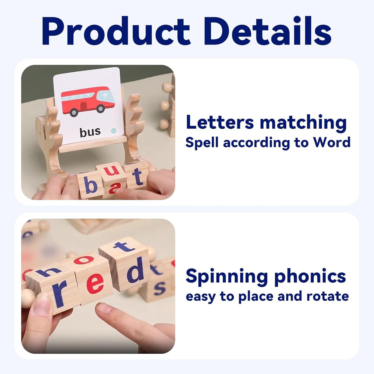 Merpin Wooden Spinning Spelling Game - Reading Blocks with Flash Cards- Word Cognitive Pairing
