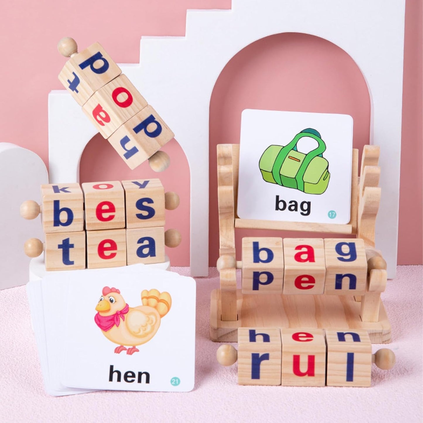 Merpin Wooden Spinning Spelling Game - Reading Blocks with Flash Cards- Word Cognitive Pairing