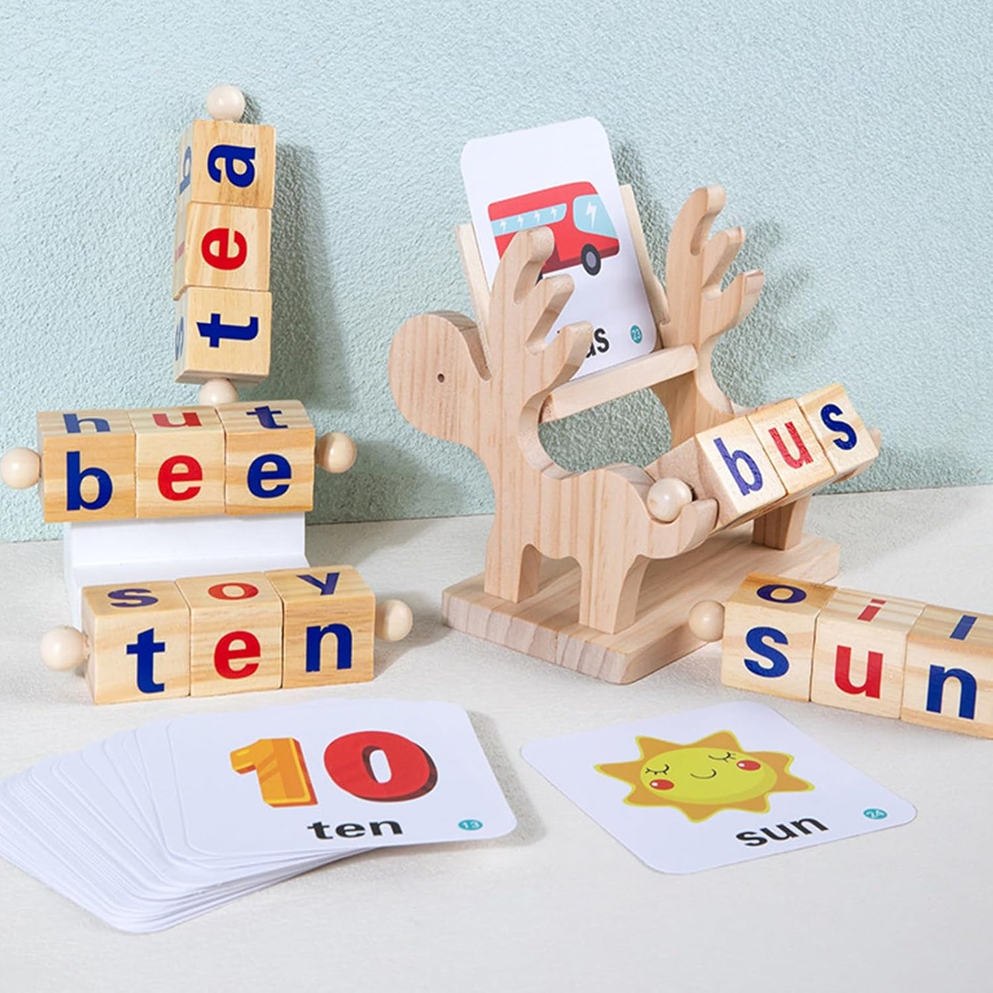 Merpin Wooden Spinning Spelling Game - Reading Blocks with Flash Cards- Word Cognitive Pairing