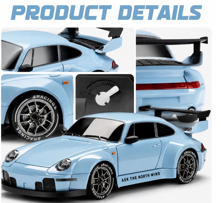 Metalic RC Drift Car PORSCHE 1:24 Scale 2.4GHz | 25 KM/H High Speed, Replaceable Drift Tyres, Rechargeable Battery, LED Lights, Traffic Cones & Spare Wheels
