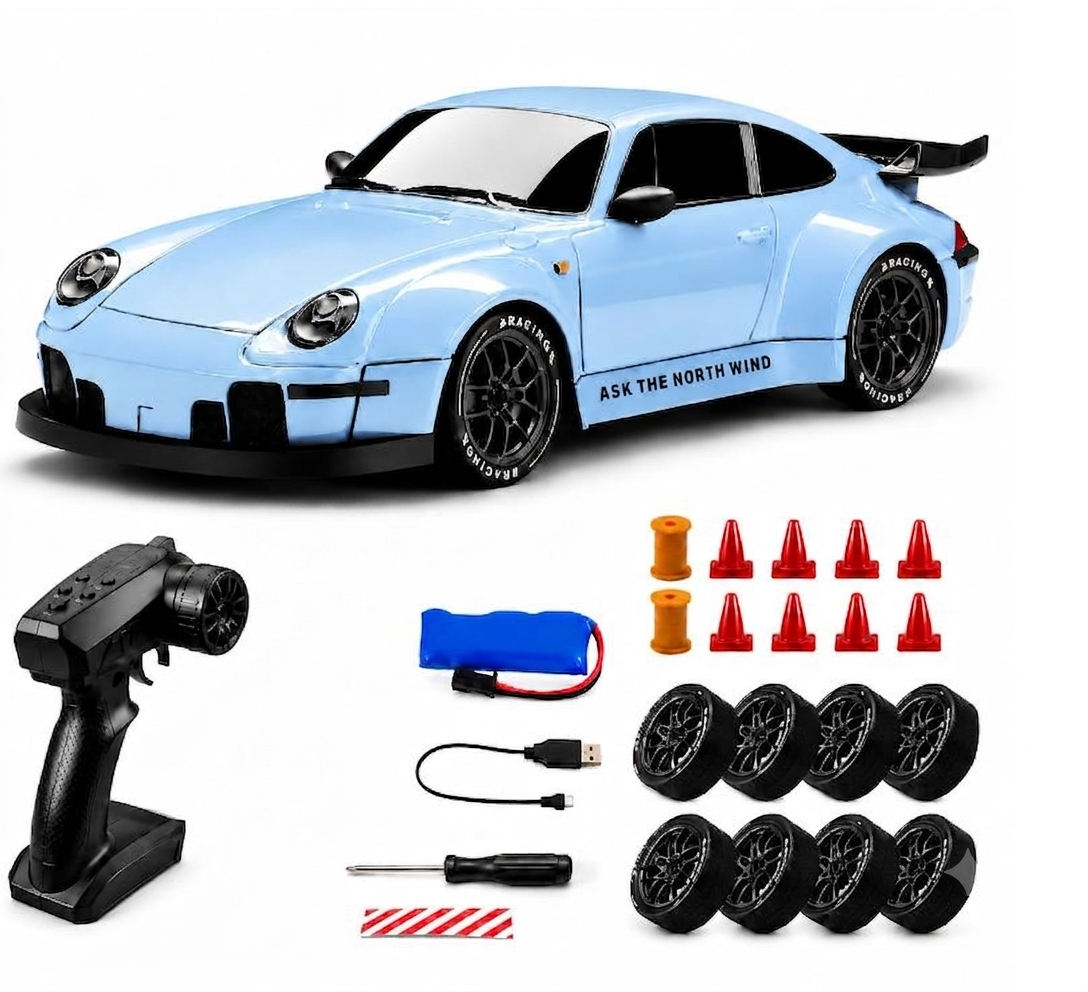 Metalic RC Drift Car PORSCHE 1:24 Scale 2.4GHz | 25 KM/H High Speed, Replaceable Drift Tyres, Rechargeable Battery, LED Lights, Traffic Cones & Spare Wheels
