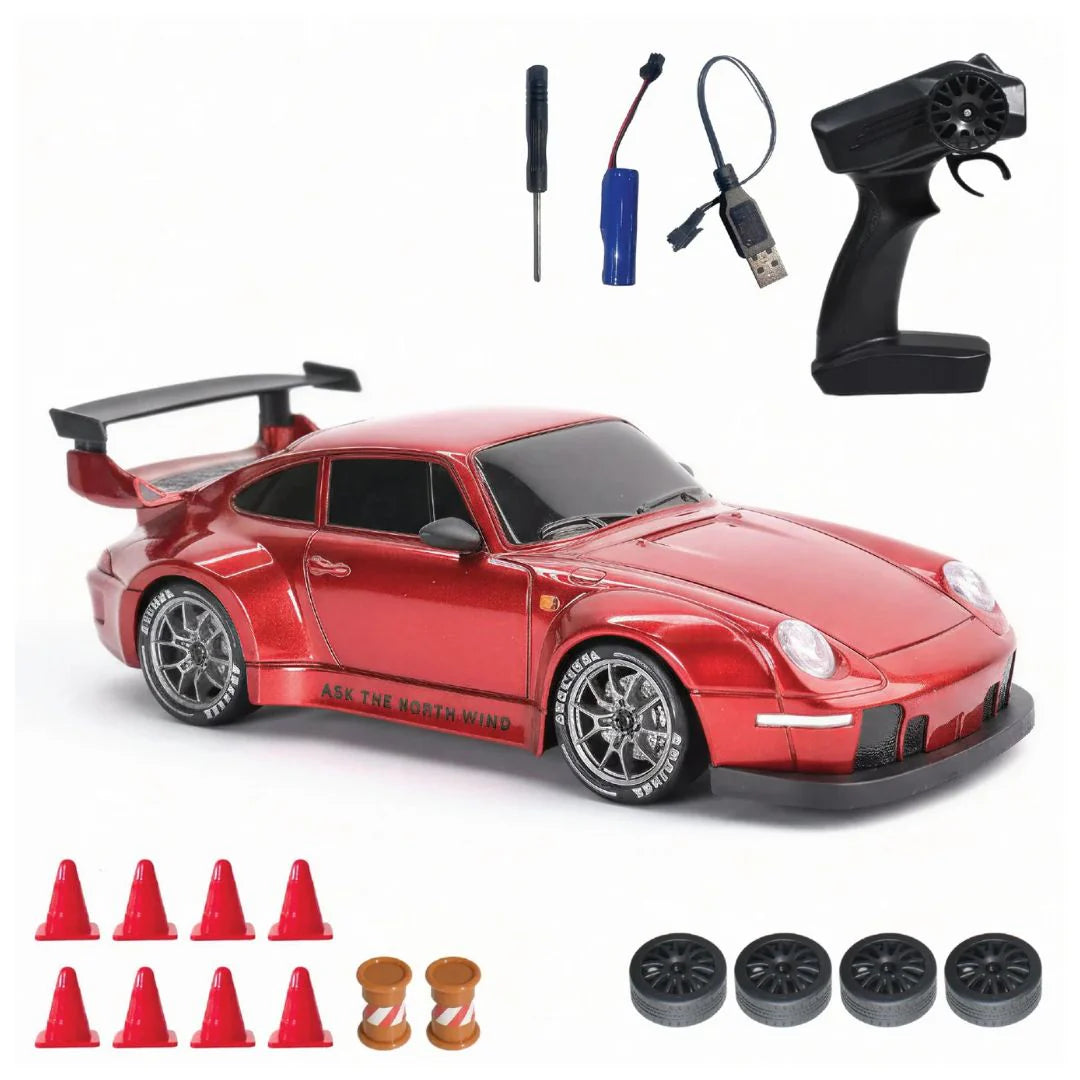 Metalic RC Drift Car PORSCHE 1:24 Scale 2.4GHz | 25 KM/H High Speed, Replaceable Drift Tyres, Rechargeable Battery, LED Lights, Traffic Cones & Spare Wheels